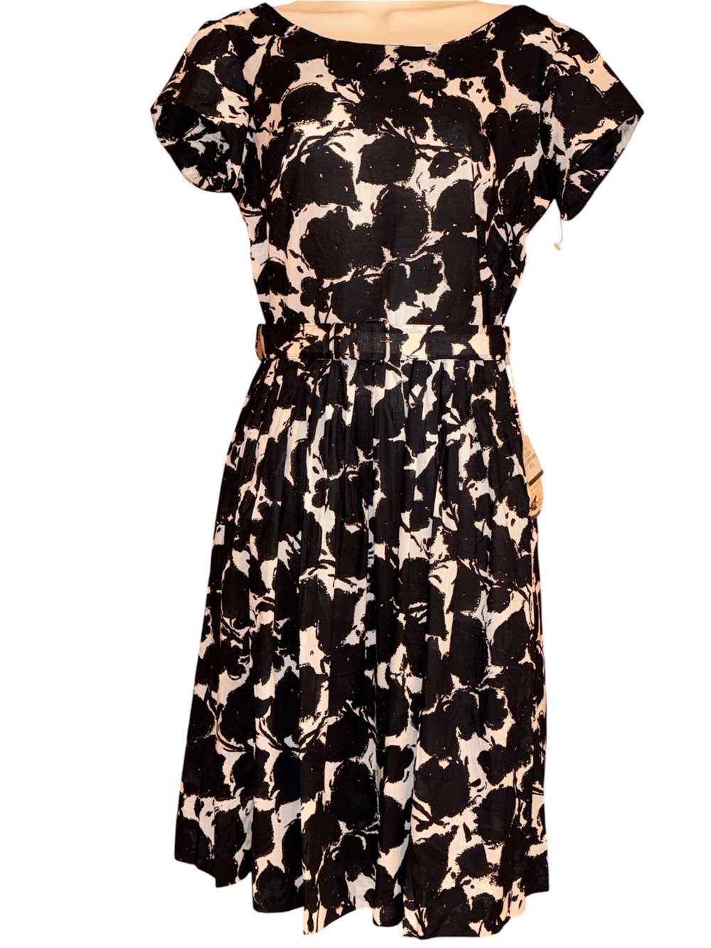 VINTAGE 50s/60s BASILA Black & White Floral Dress w/original tag Deadstock Sz Sm